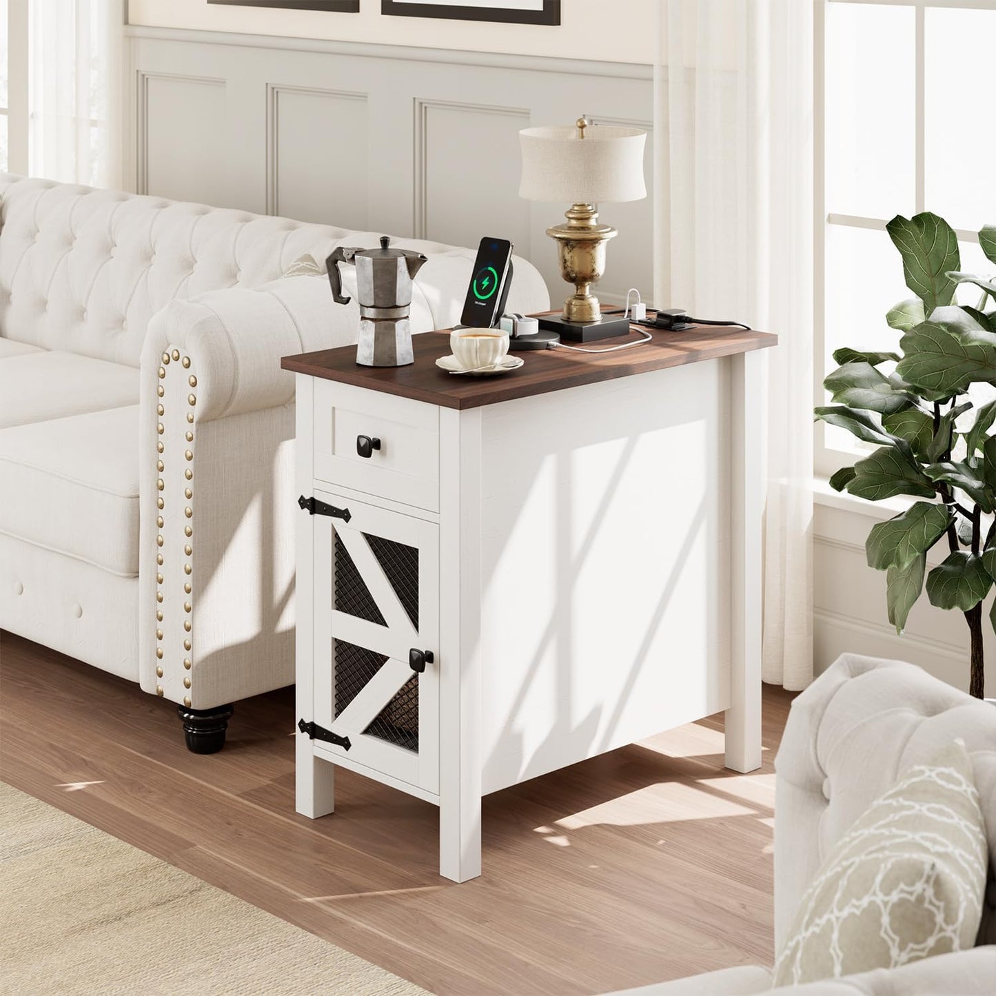 HAIOOU Farmhouse End Table with Charging Station, Narrow White Side Tables with Storage Cabinet and Drawer, Wood Nightstand with Power Outlets & USB Ports for Bedroom, Living Room