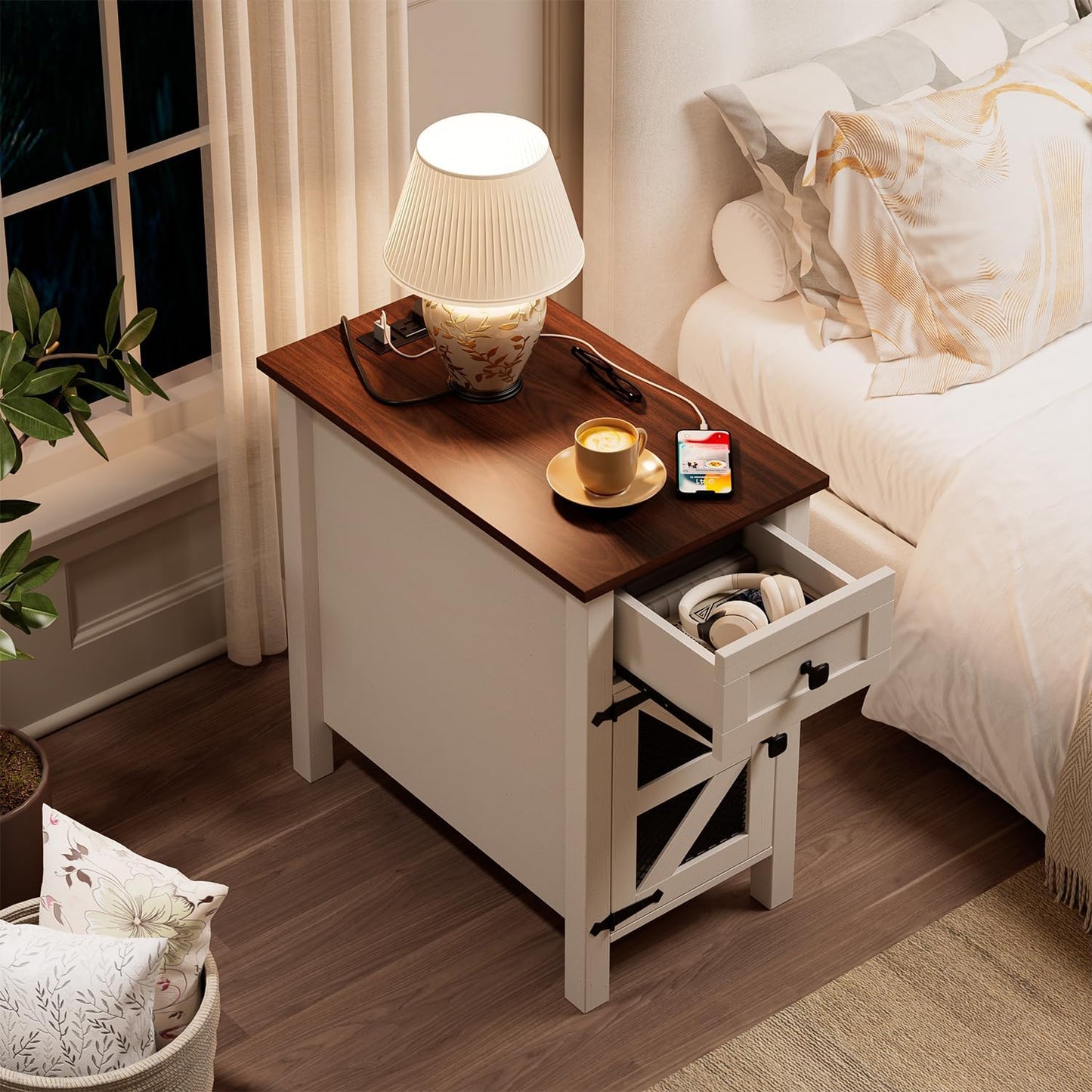 HAIOOU Farmhouse End Table with Charging Station, Narrow White Side Tables with Storage Cabinet and Drawer, Wood Nightstand with Power Outlets & USB Ports for Bedroom, Living Room
