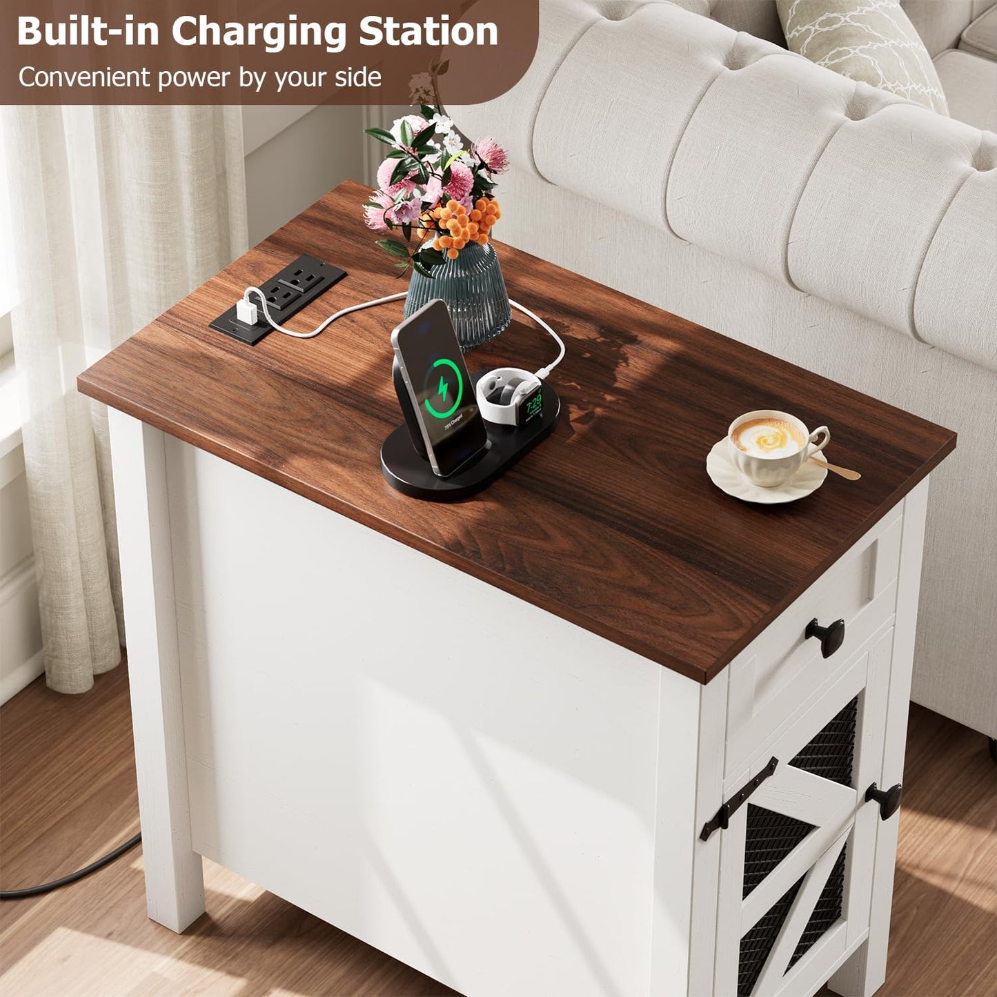 HAIOOU Farmhouse End Table with Charging Station, Narrow White Side Tables with Storage Cabinet and Drawer, Wood Nightstand with Power Outlets & USB Ports for Bedroom, Living Room