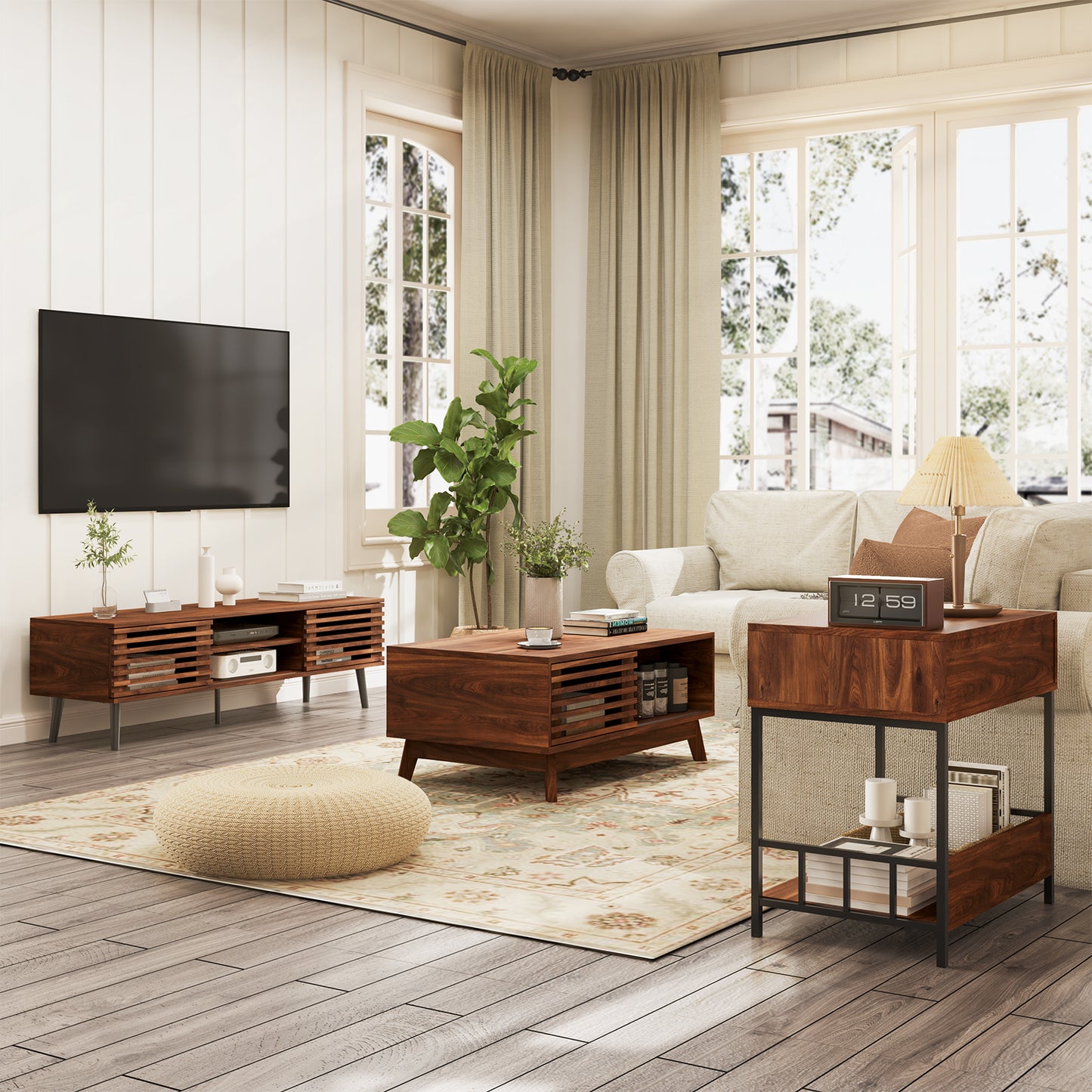 HAIOOU Mid Century Modern TV Stand, 52" Wooden TV Console with Slatted Sliding Doors and Storage for 50/55/60 Inch TV, Small Entertainment Center Media Console Cabinet for Living Room - Walnut Brown