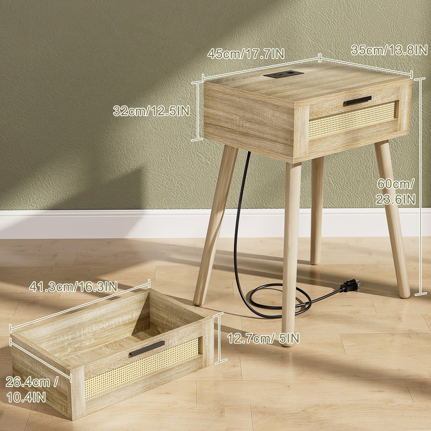 HAIOOU Nightstand with Charging Station Rattan Drawer