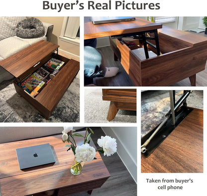 HAIOOU Lift Top Coffee Table, Mid Century Modern Slatted Coffee Table with Storage - Walnut Brown
