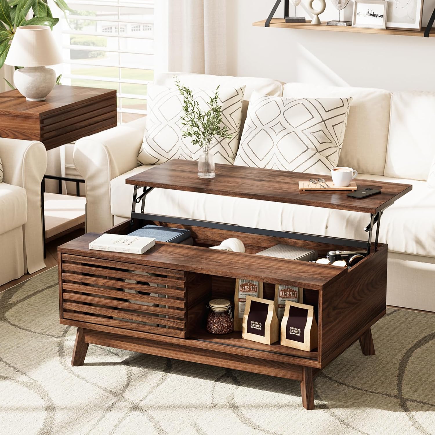 HAIOOU Lift Top Coffee Table, Mid Century Modern Slatted Coffee Table