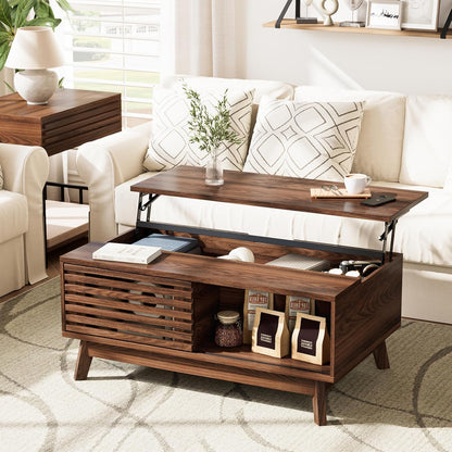 HAIOOU Lift Top Coffee Table, Mid Century Modern Slatted Coffee Table with Storage - Walnut Brown
