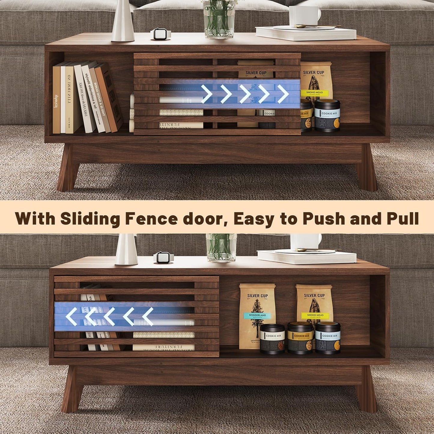 HAIOOU Lift Top Coffee Table, Mid Century Modern Coffee Table with Storage, Walnut Coffee Tables for Living Room with Sliding Fence Door, 35.4'' Rectangular Fluted Center Table (Brown)