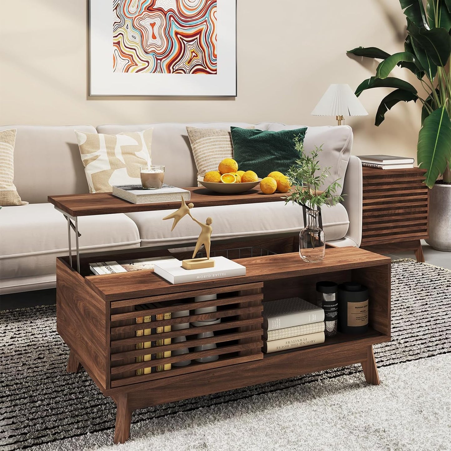 HAIOOU Lift Top Coffee Table, Mid Century Modern Coffee Table with Storage, Walnut Coffee Tables for Living Room with Sliding Fence Door, 35.4'' Rectangular Fluted Center Table (Brown)