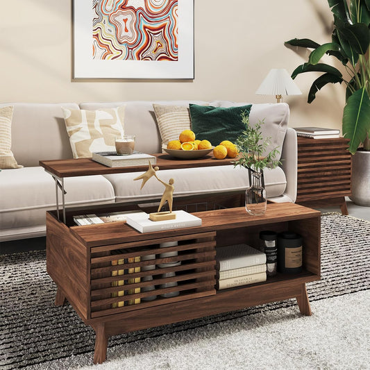 HAIOOU Lift Top Coffee Table, Mid Century Modern Coffee Table with Storage, Walnut Coffee Tables for Living Room with Sliding Fence Door, 35.4'' Rectangular Fluted Center Table (Brown)