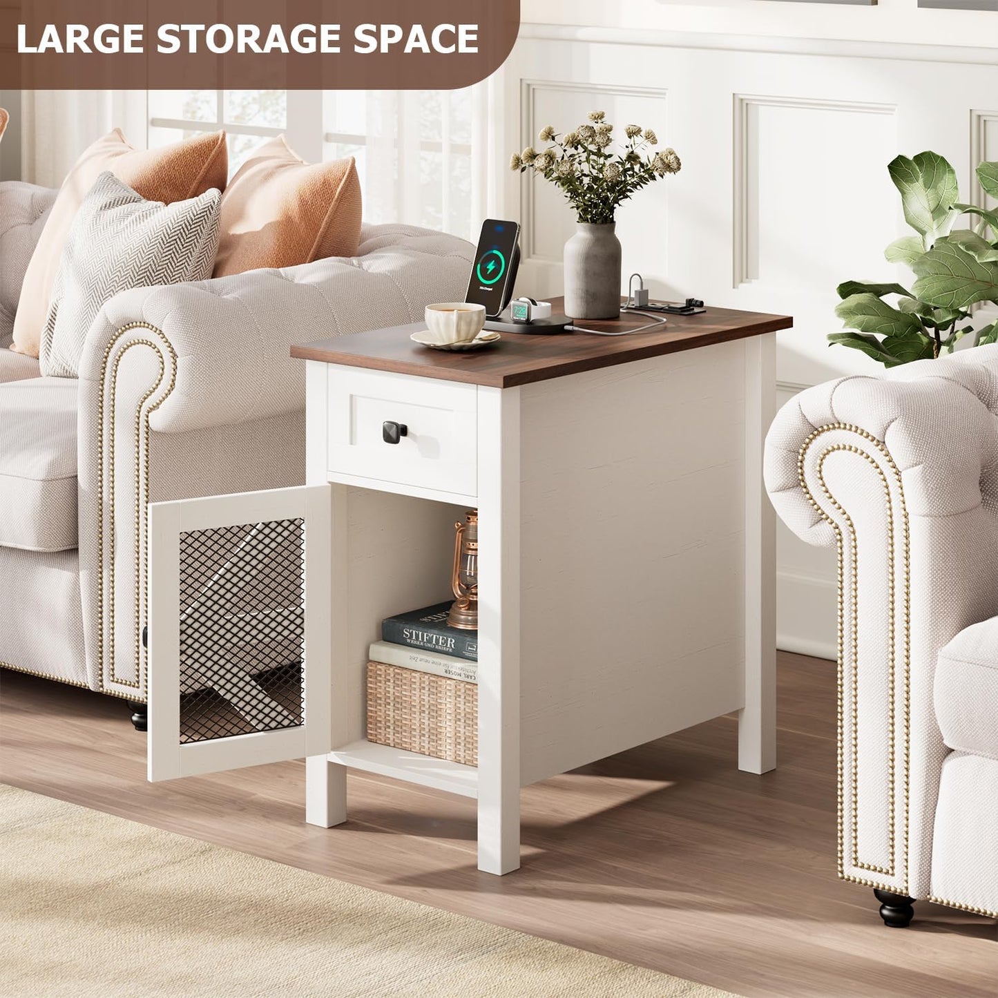 HAIOOU Farmhouse End Table with Charging Station, Narrow White Side Tables with Storage Cabinet and Drawer, Wood Nightstand with Power Outlets & USB Ports for Bedroom, Living Room