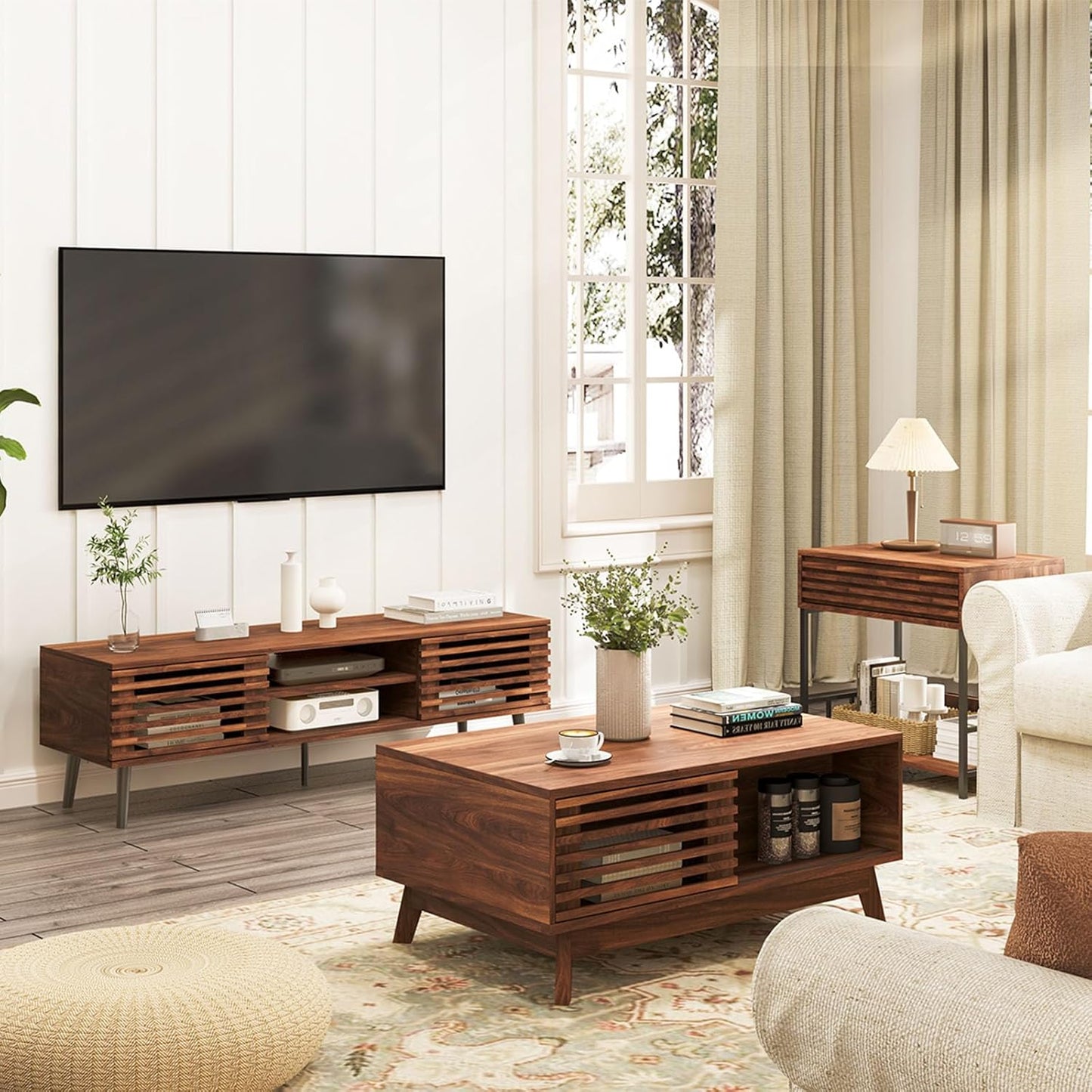 HAIOOU Lift Top Coffee Table, Mid Century Modern Coffee Table with Storage, Walnut Coffee Tables for Living Room with Sliding Fence Door, 35.4'' Rectangular Fluted Center Table (Brown)