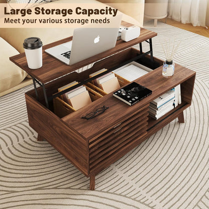 HAIOOU Lift Top Coffee Table, Mid Century Modern Slatted Coffee Table with Storage - Walnut Brown
