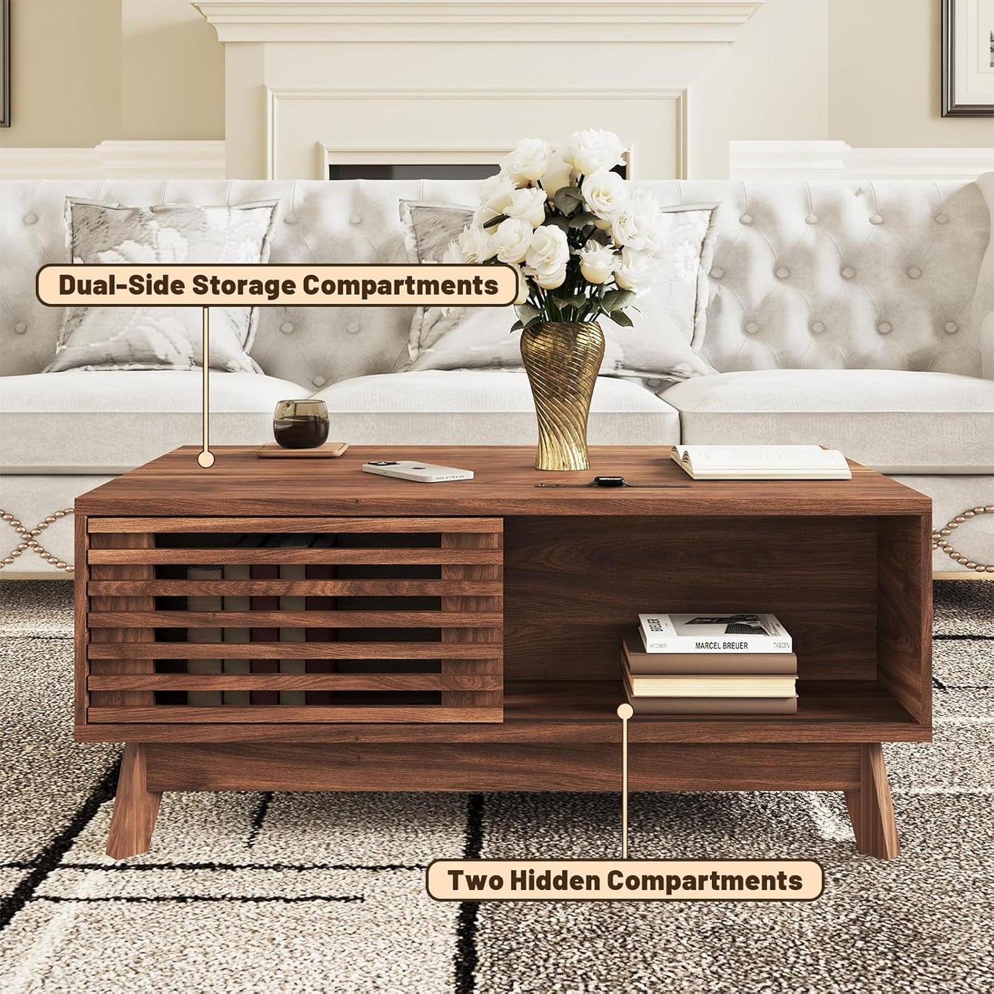 HAIOOU Lift Top Coffee Table, Mid Century Modern Coffee Table with Storage, Walnut Coffee Tables for Living Room with Sliding Fence Door, 35.4'' Rectangular Fluted Center Table (Brown)