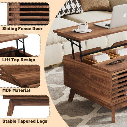 HAIOOU Lift Top Coffee Table, Mid Century Modern Slatted Coffee Table with Storage - Walnut Brown