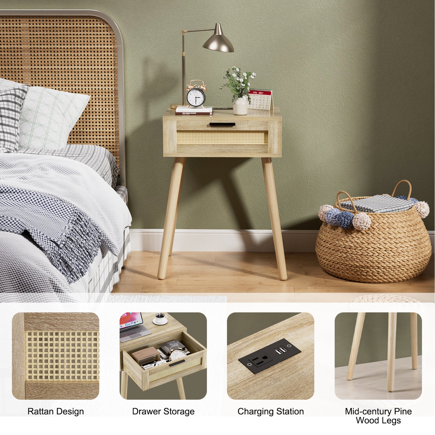 HAIOOU Nightstand with Charging Station Rattan Drawer