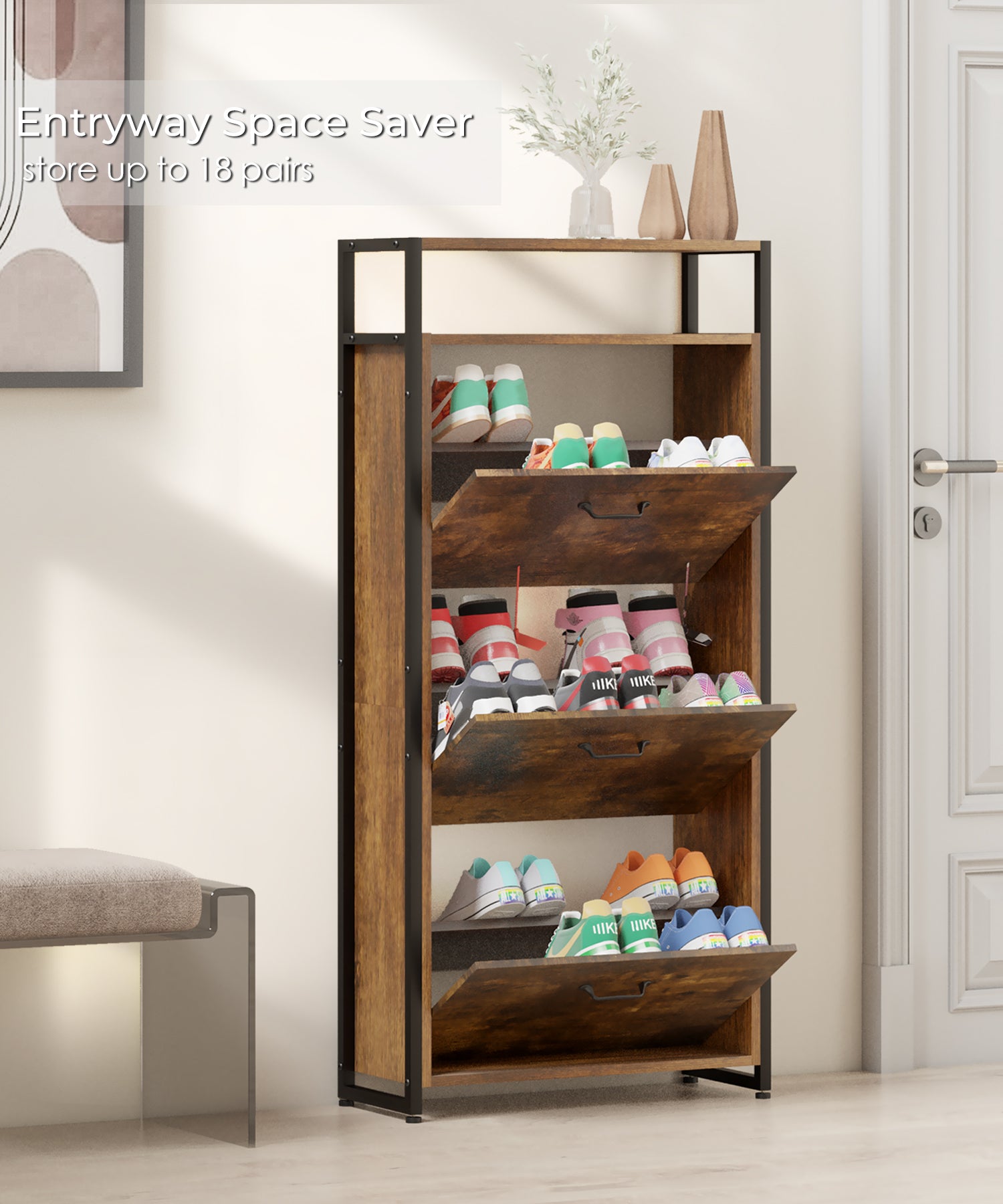 Wooden Shoe Cabinet, Shoe Organizer with Doors & Adjustable ShelvesDefault  Title in 2023
