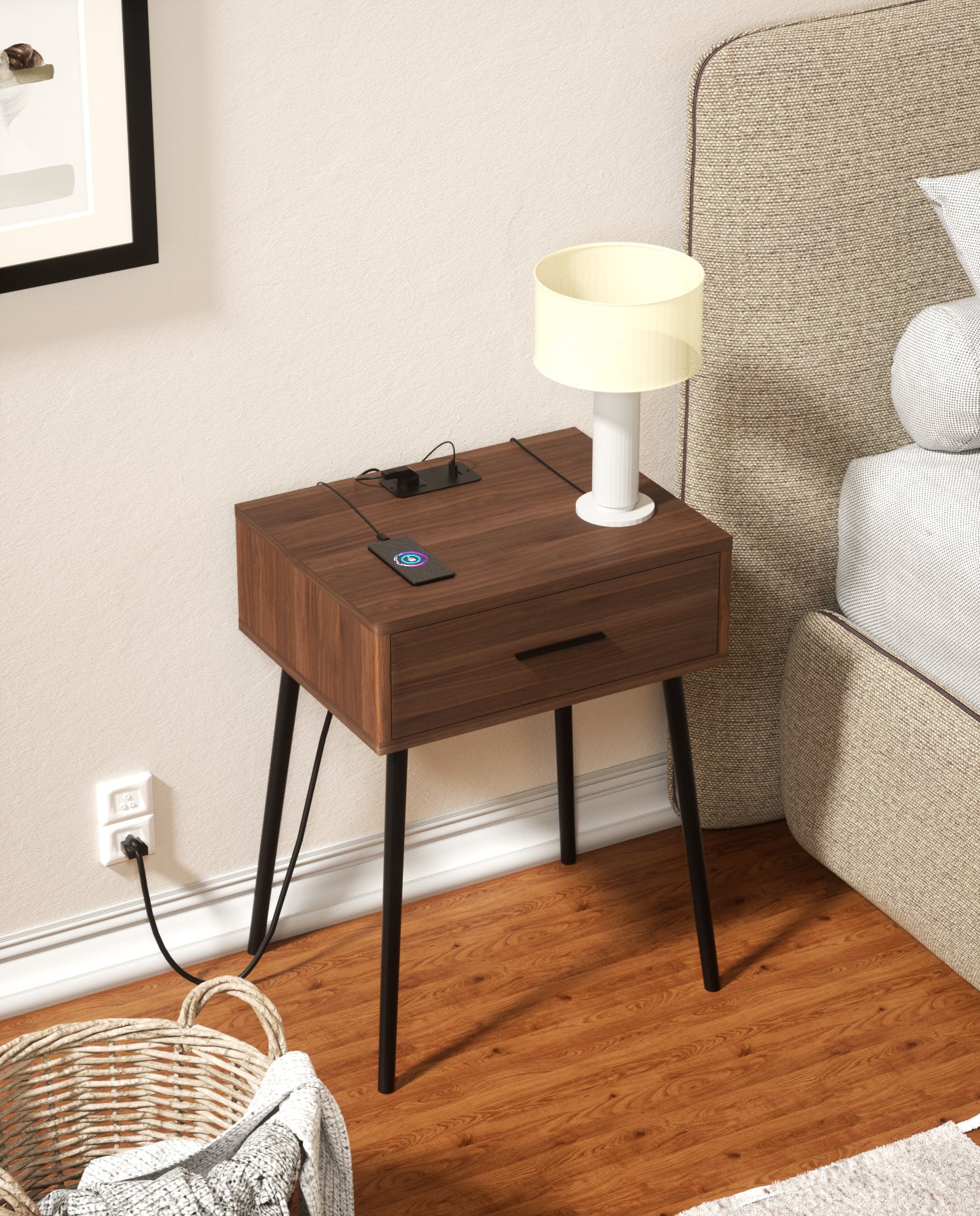 HAIOOU End Table with Charging Station, Modern One Drawer Nightstand S